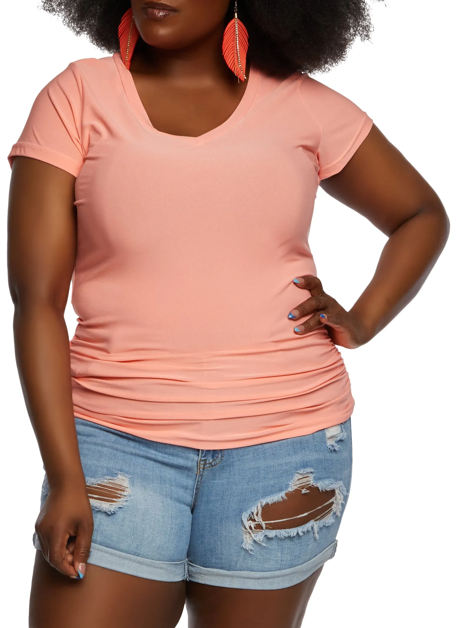 Plus Size Ruched Side V Neck T Shirt sold by Rainbow