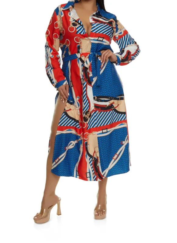 Plus Size Abstract Print Side Slit Maxi Shirt Dress sold by Rainbow