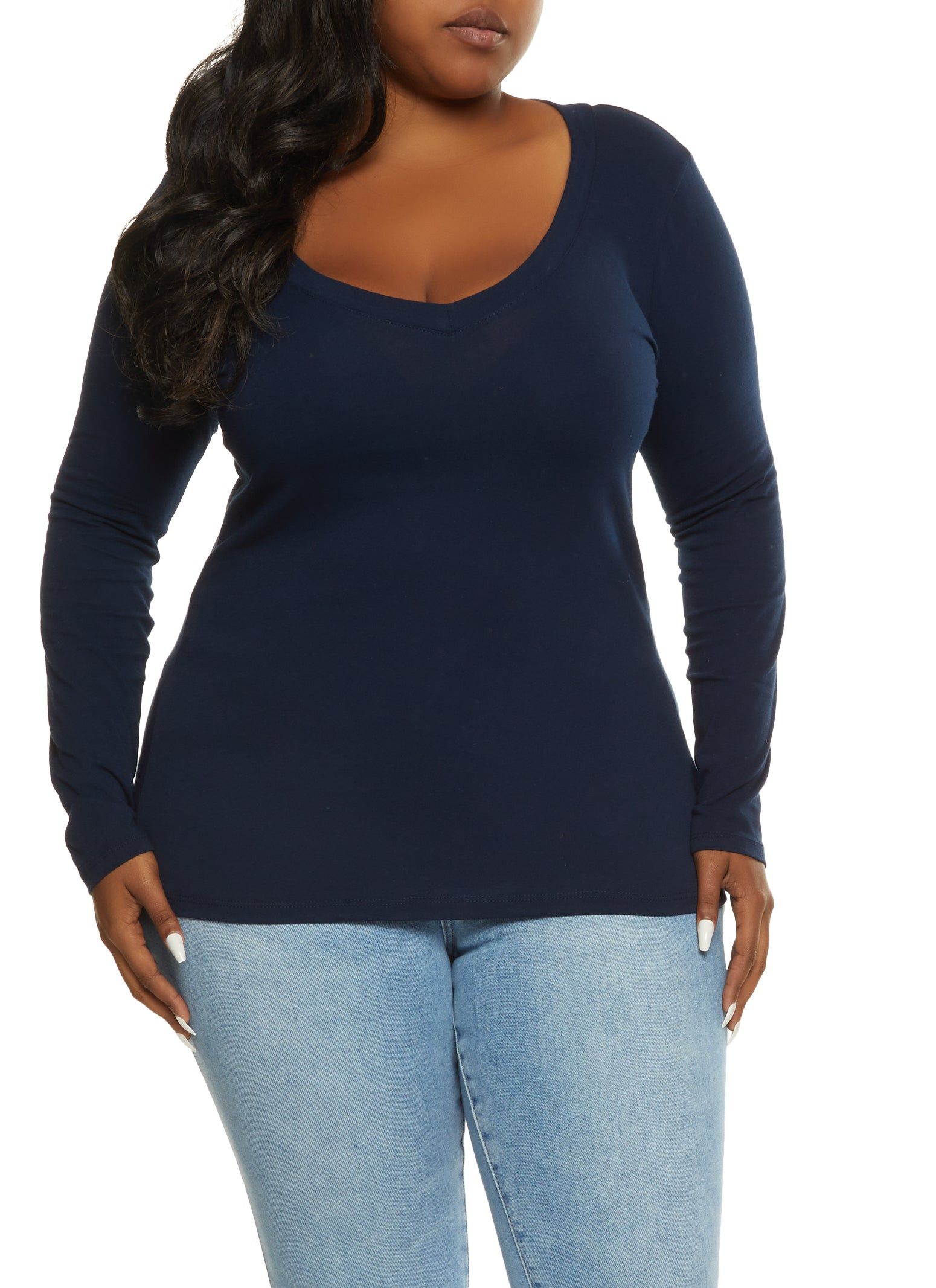 Plus Size V Neck Long Sleeve Solid Top sold by Rainbow