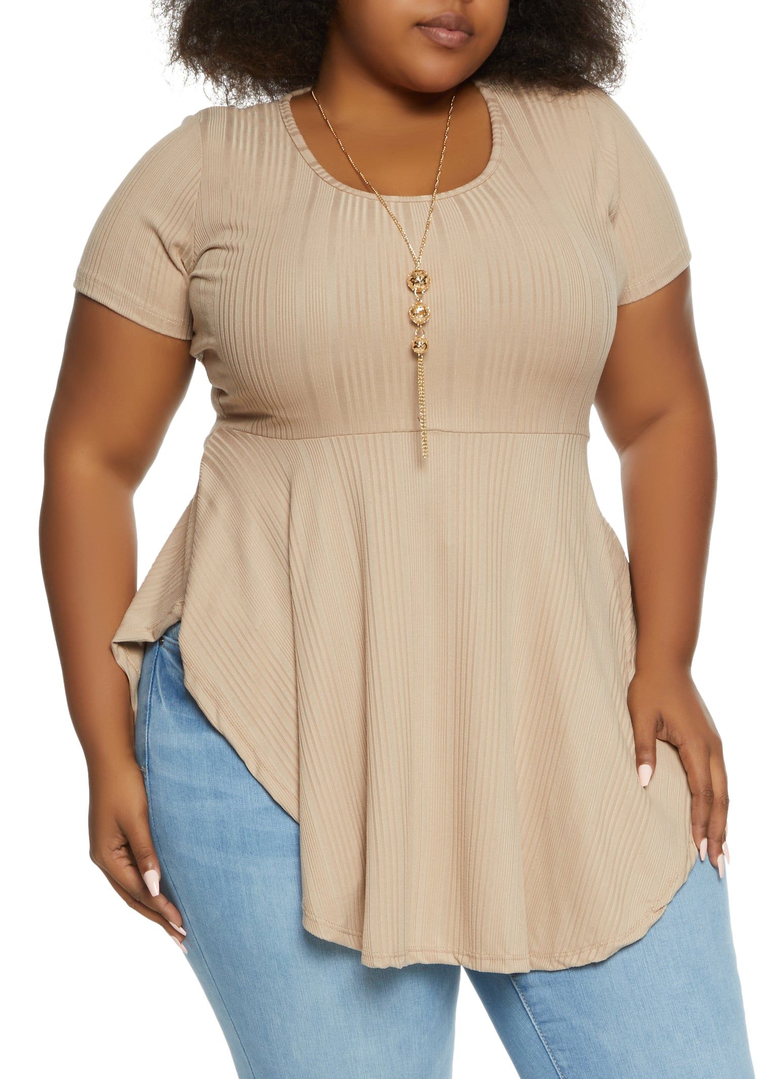 Plus Size Rib Knit Ruffled Hem Top with Necklace sold by Rainbow
