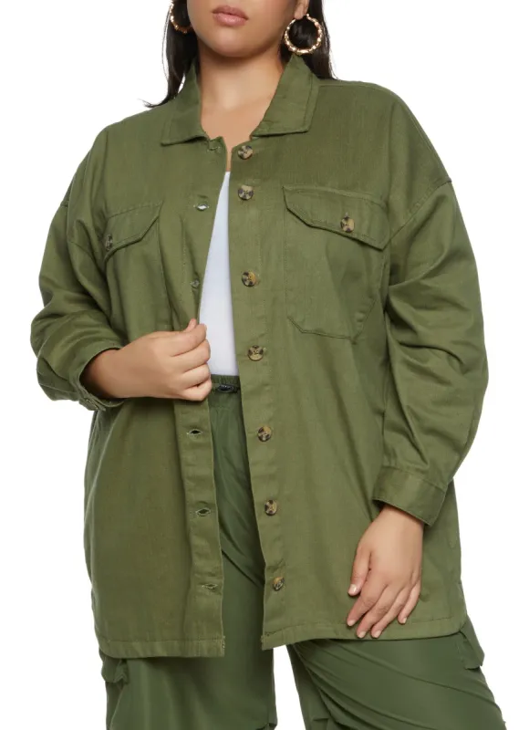 Plus Size Twill Button Front Shacket sold by Rainbow
