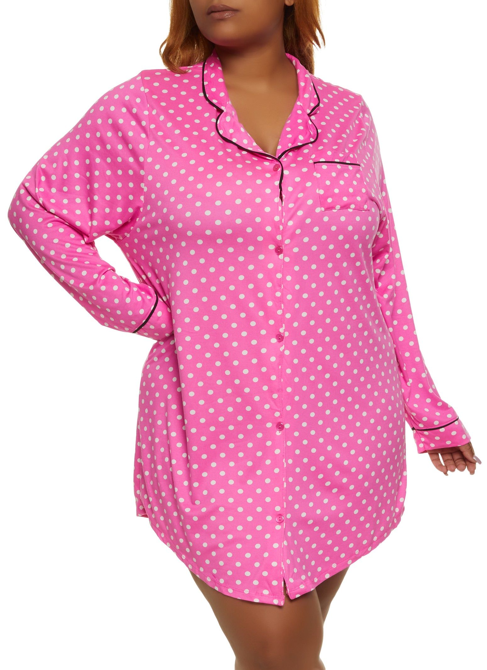 Plus Size Polka Dot Print Notch Collar Button Front Nightgown sold by Rainbow
