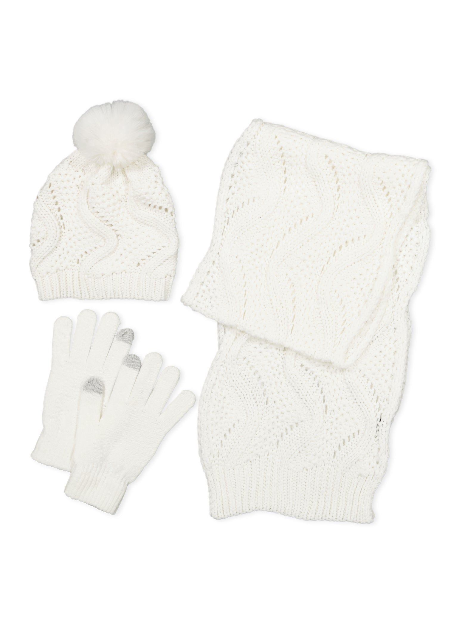 Pointelle Knit Scarf and Pom Pom Beanie with Gloves sold by Rainbow