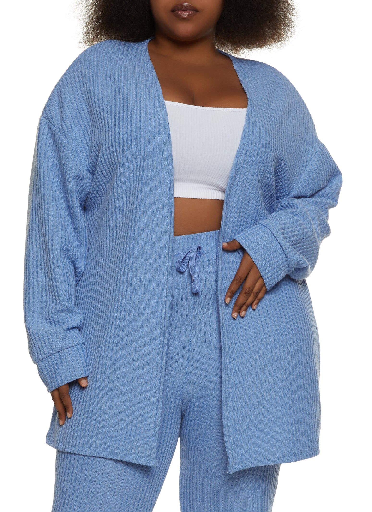 Plus Size Ribbed Drop Shoulder Open Front Cardigan sold by Rainbow