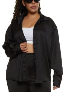 Plus Size Satin Solid Button Front Shirt sold by Rainbow