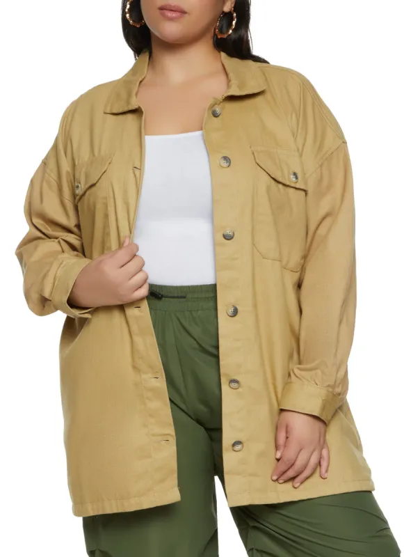 Plus Size Twill Button Front Shacket sold by Rainbow