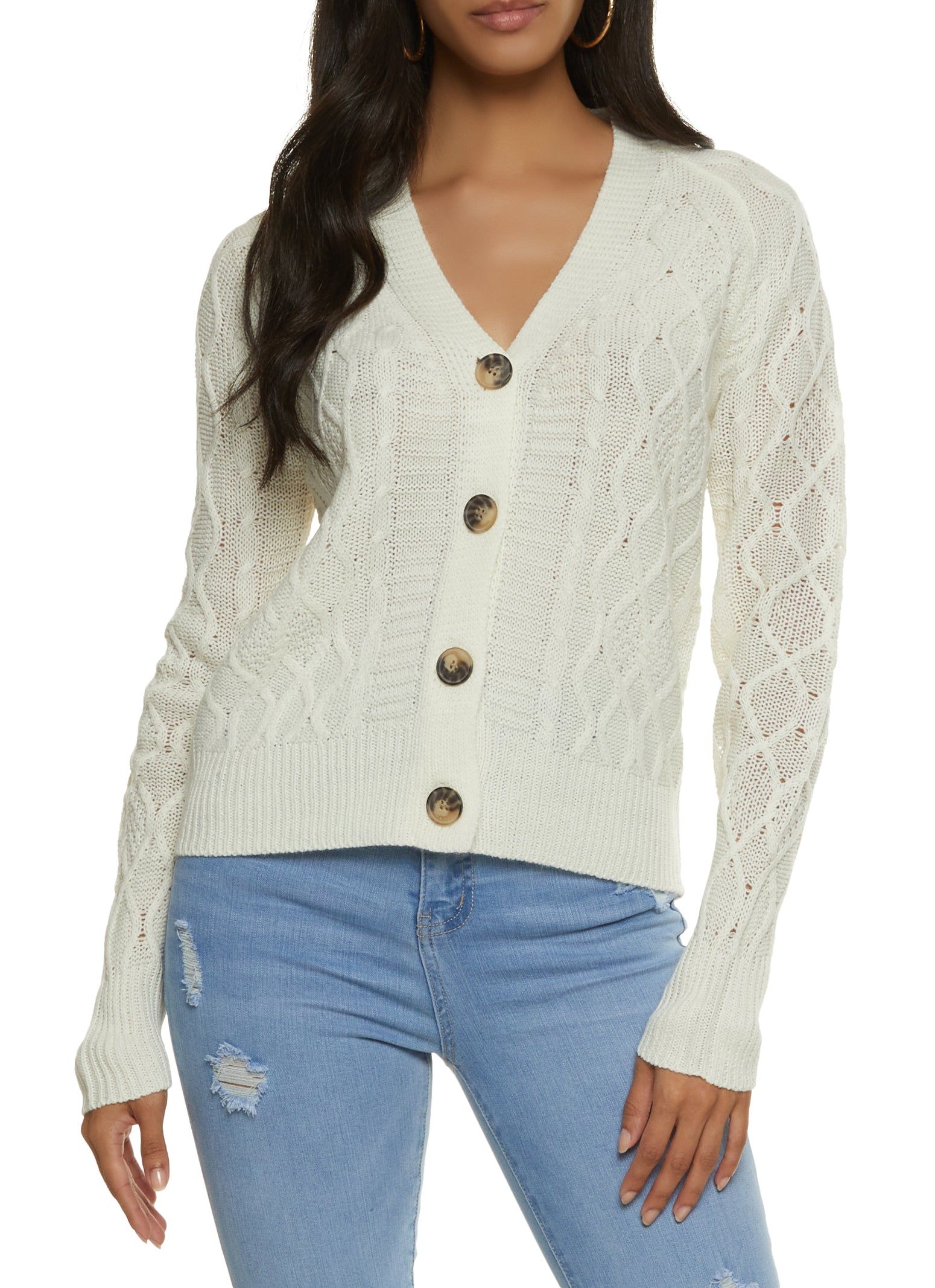 Cable Knit Button Front Cardigan Sweater sold by Rainbow