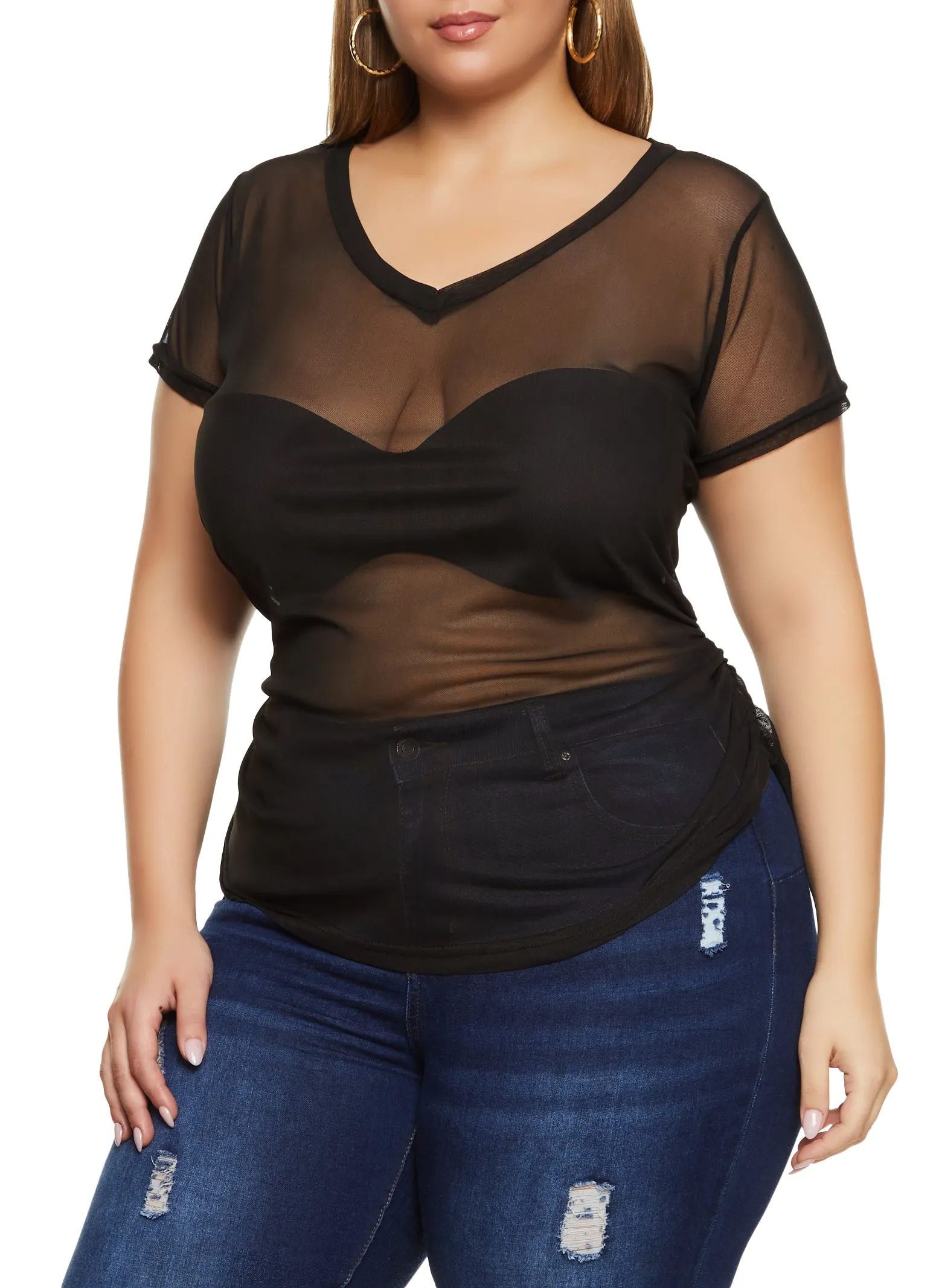 Plus Size Mesh Ruched V Neck Top sold by Rainbow