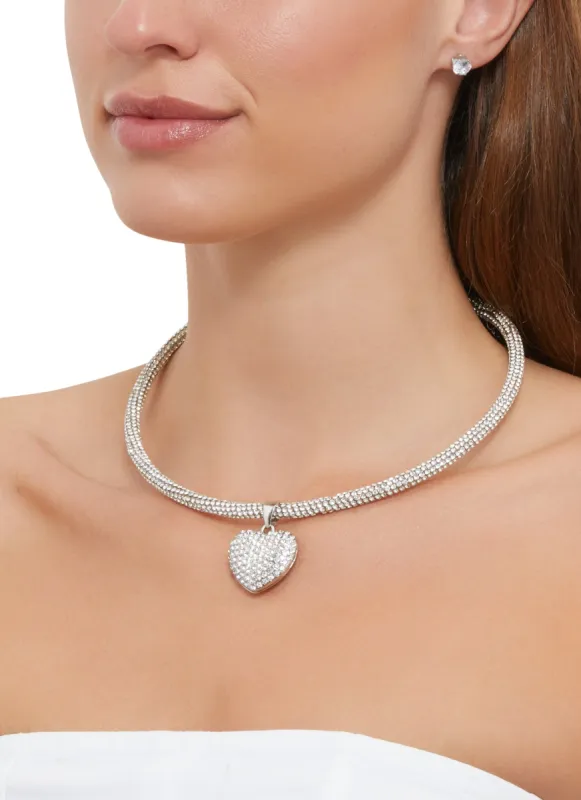 Rhinestone Heart Collar Necklace and Stud Earrings Set sold by Rainbow