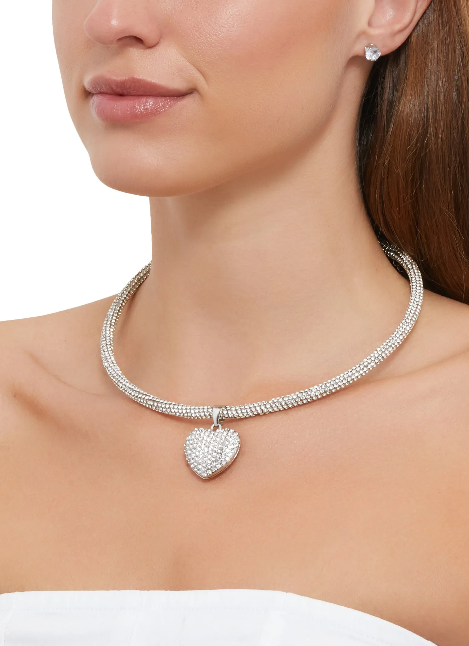 Rhinestone Heart Collar Necklace and Stud Earrings Set sold by Rainbow