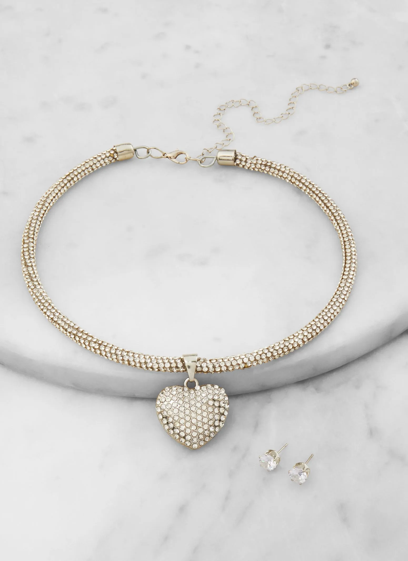 Rhinestone Heart Collar Necklace and Stud Earrings Set sold by Rainbow product image thumbnail 2