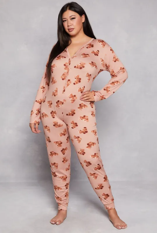 Plus Size Bear Print Button Front Pajama Jumpsuit sold by Rainbow