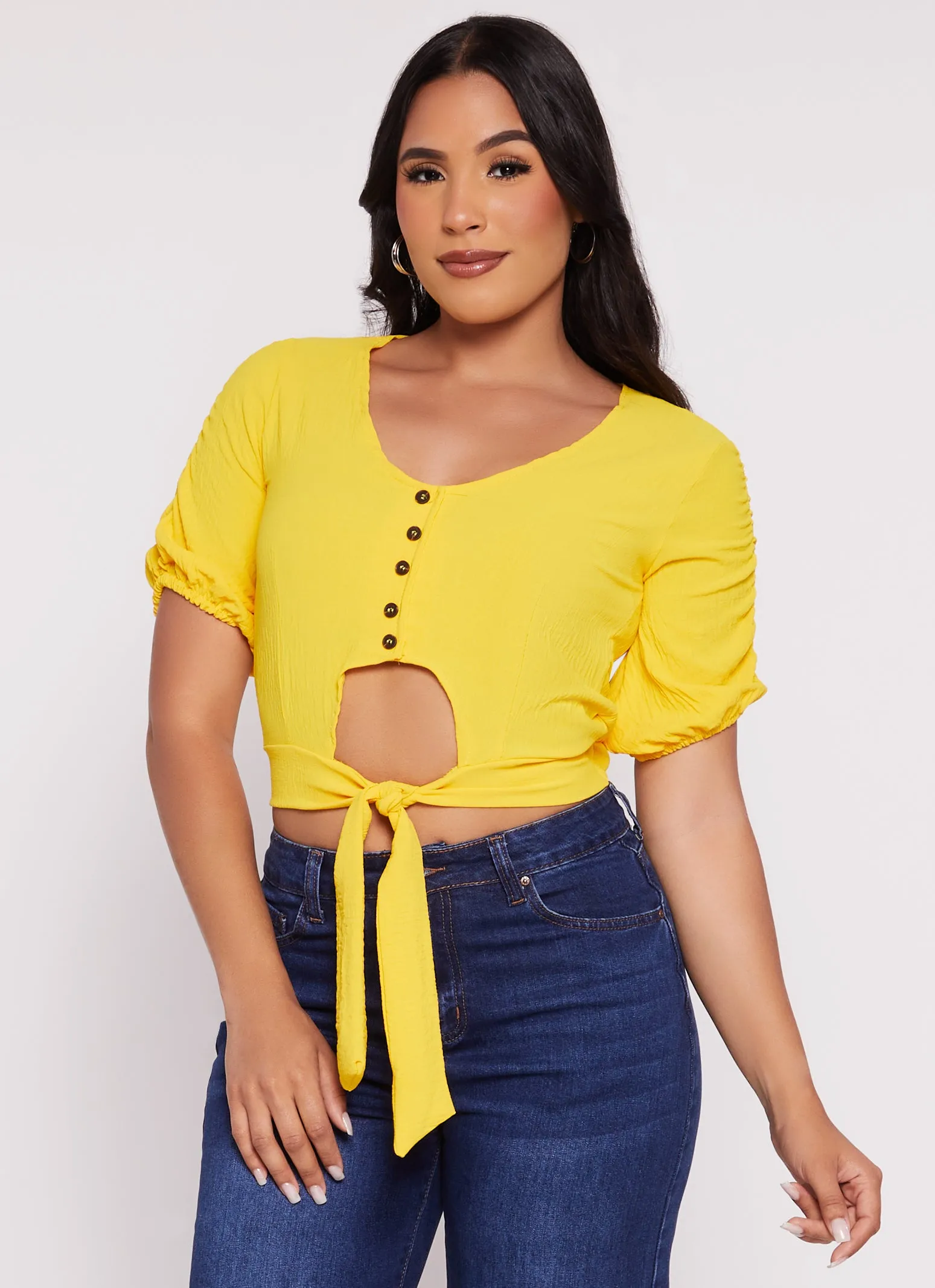 Puff Sleeve Cut Out Button Front Top sold by Rainbow