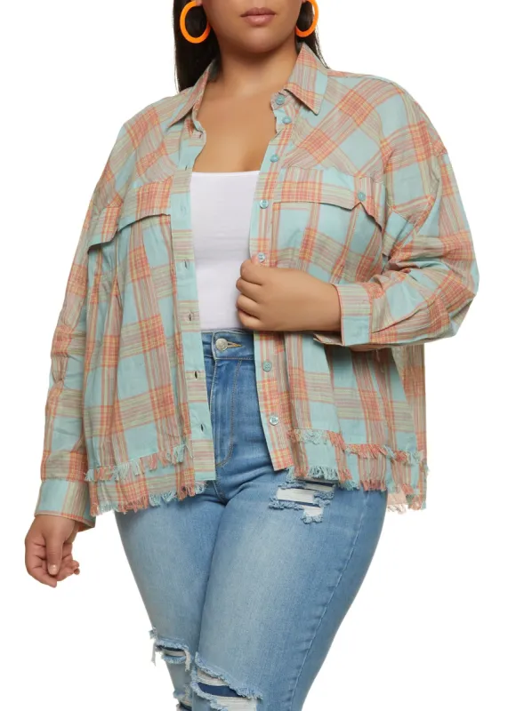 Plus Size Printed Frayed Hem Button Front Shirt sold by Rainbow