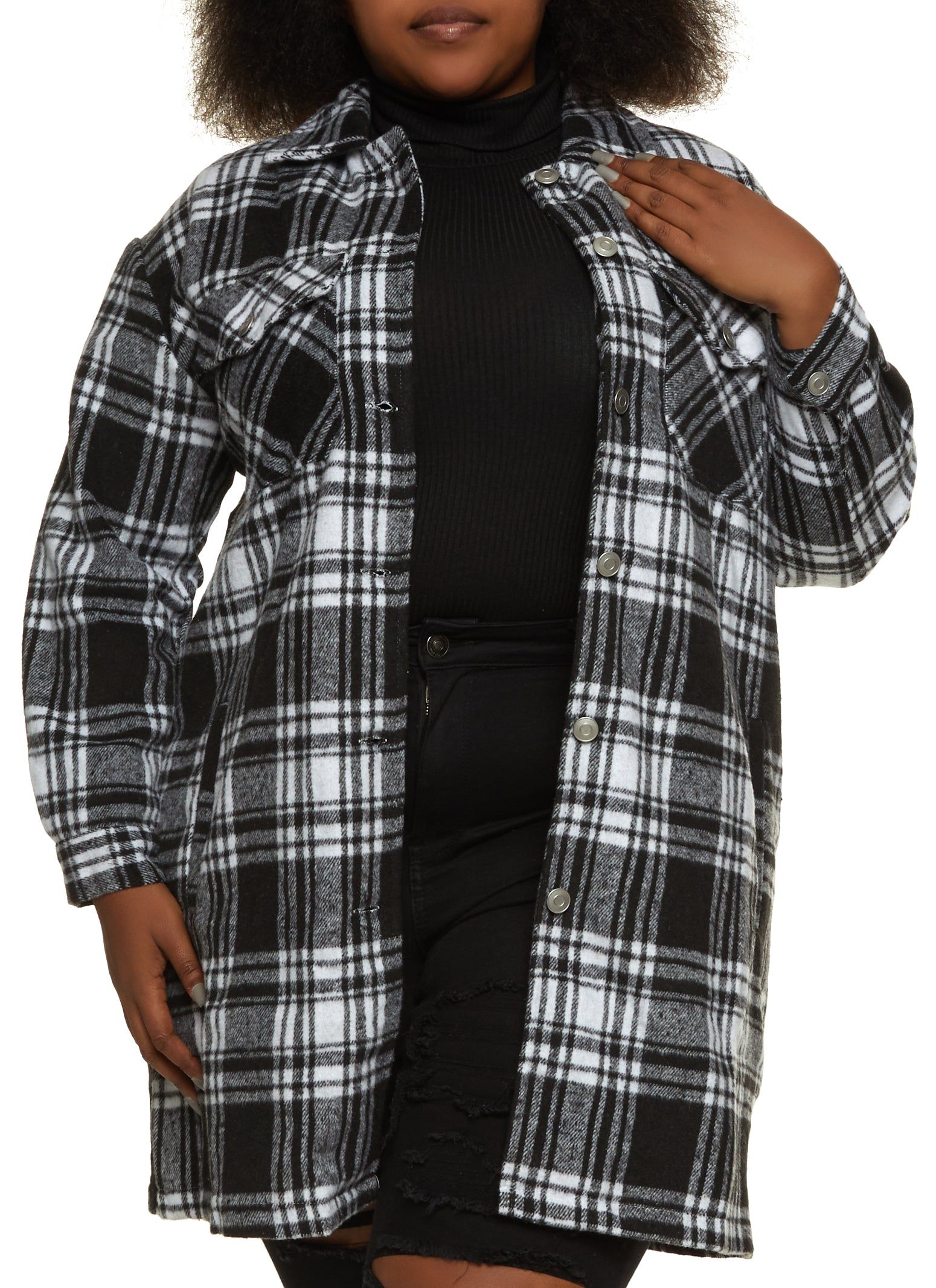 Plus Size Plaid Pocket Detail Button Front Shacket sold by Rainbow