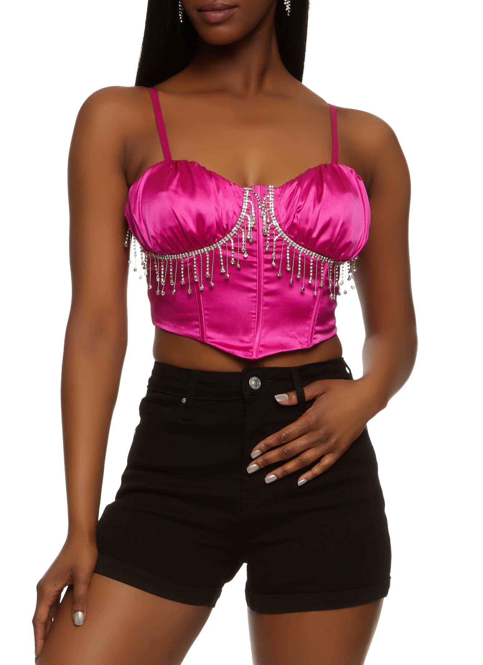 Satin Rhinestone Fringe Bustier Top sold by Rainbow