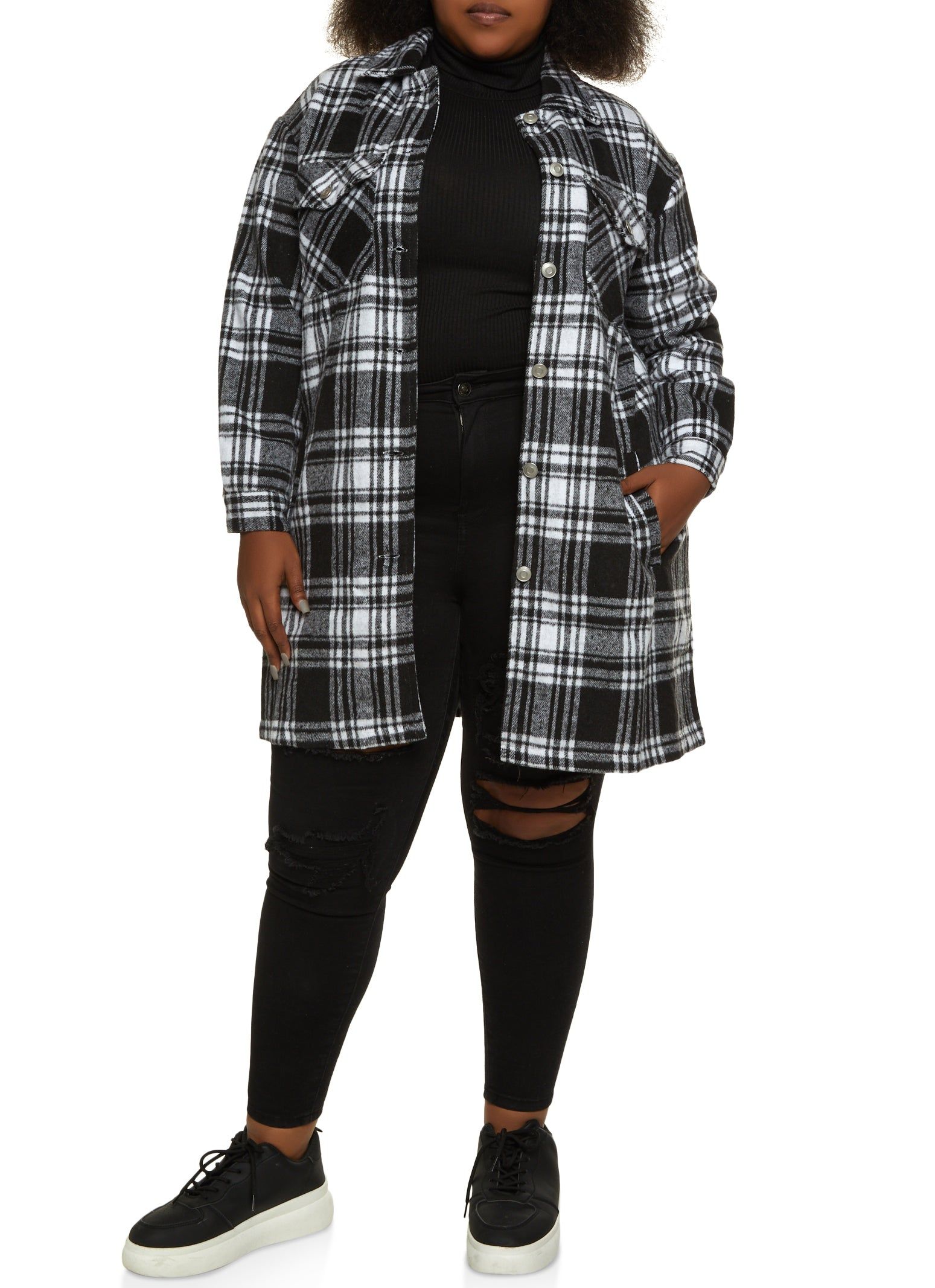 Plus Size Plaid Pocket Detail Button Front Shacket sold by Rainbow product image thumbnail 2