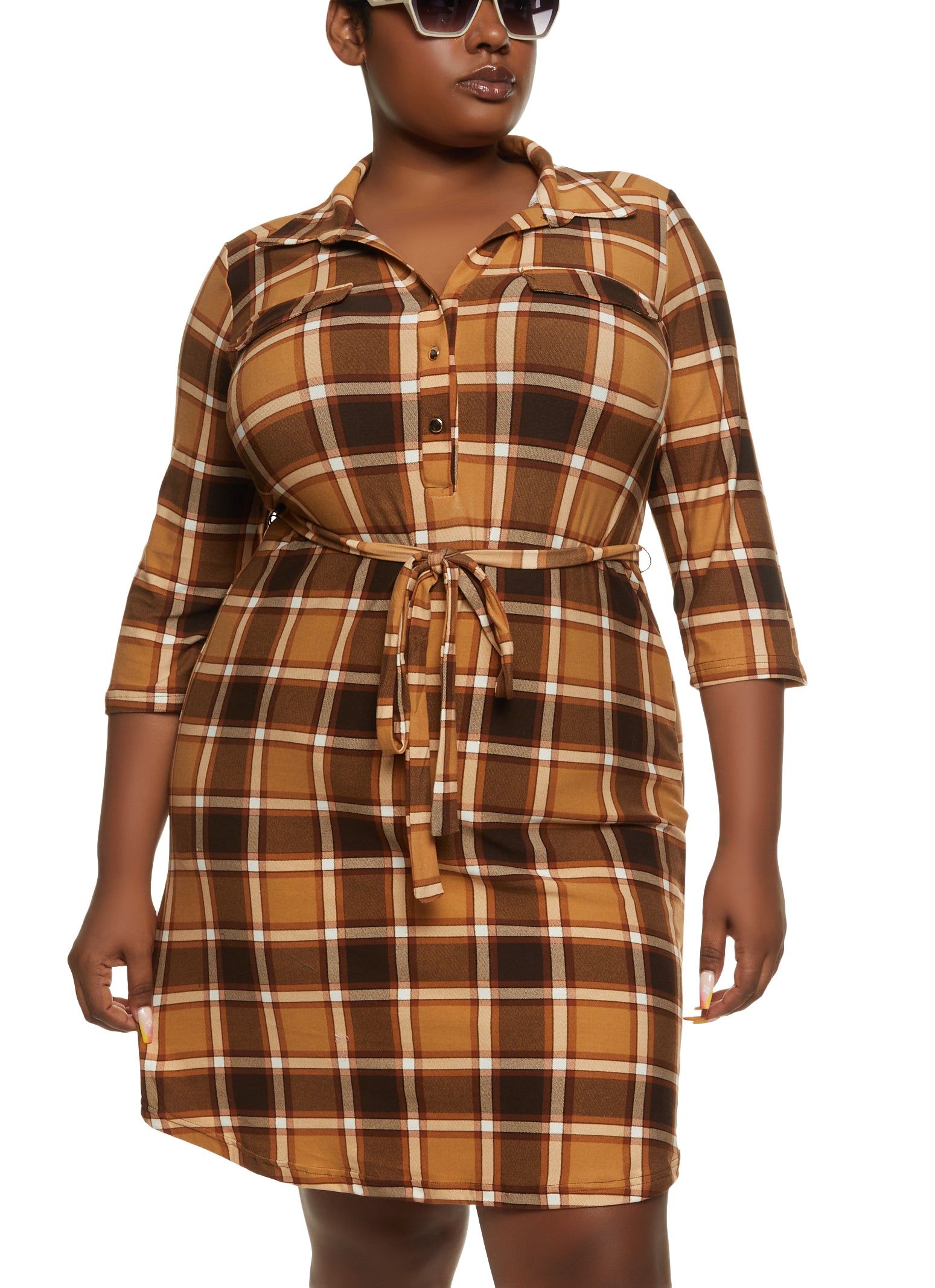 Plus Size Plaid Tie Waist Flap Pocket Shirt Dress sold by Rainbow