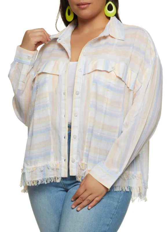 Plus Size Printed Frayed Hem Button Front Shirt sold by Rainbow