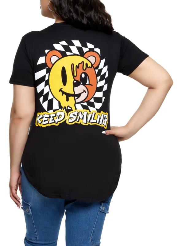 Plus Size Keep Smiling Checkered Graphic Tee sold by Rainbow