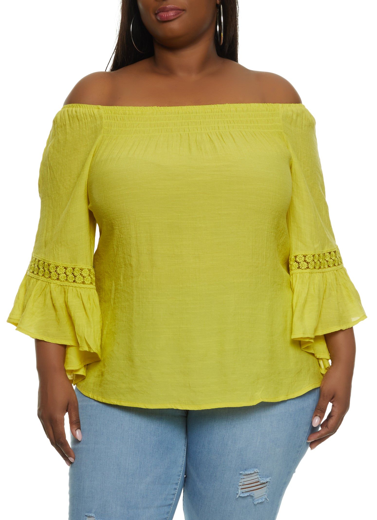 Plus Size Daisy Crochet Detail Bell Sleeve Blouse sold by Rainbow