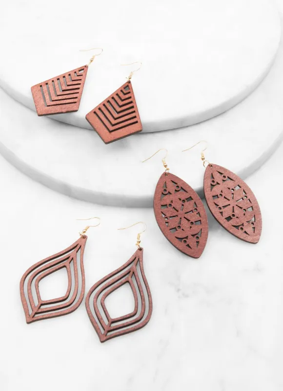 Bohemian Wooden Drop Earring Trio sold by Rainbow