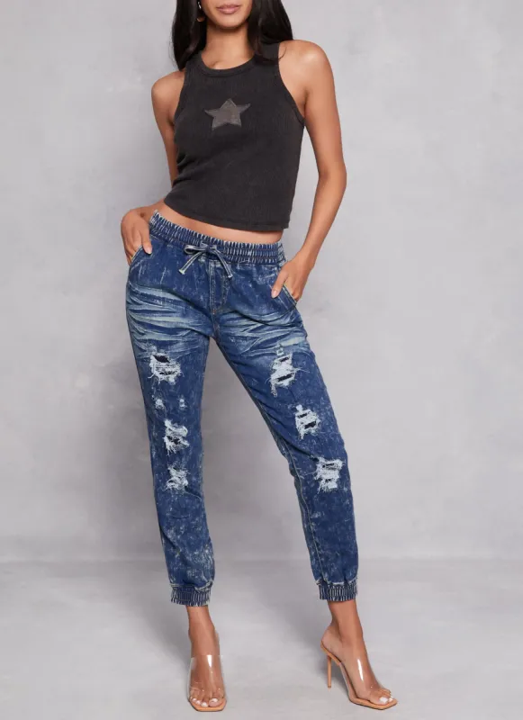 Denim Distressed Drawstring Joggers sold by Rainbow