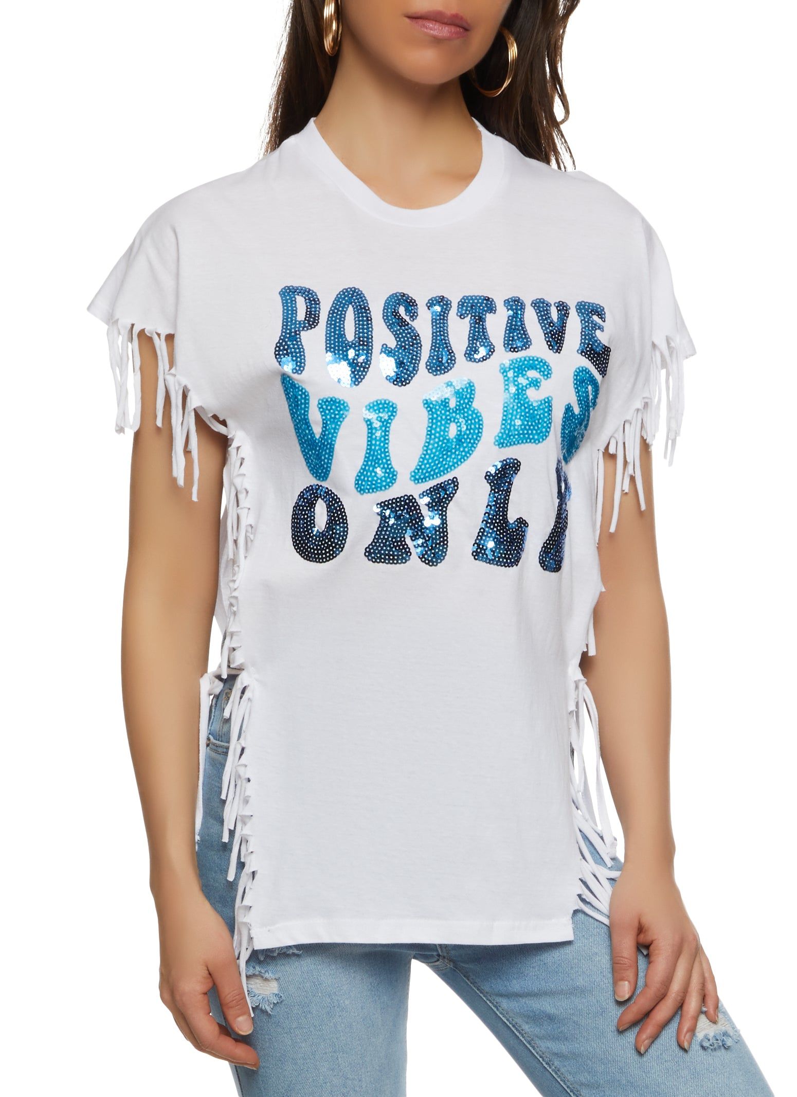 Positive Vibes Only Sequin Fringe Graphic Top sold by Rainbow