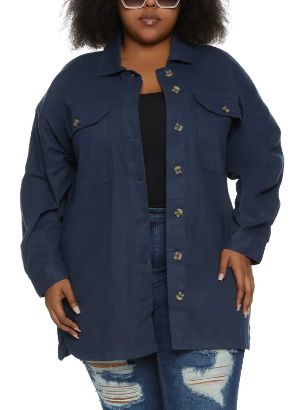 Plus Size Twill Button Front Shacket sold by Rainbow