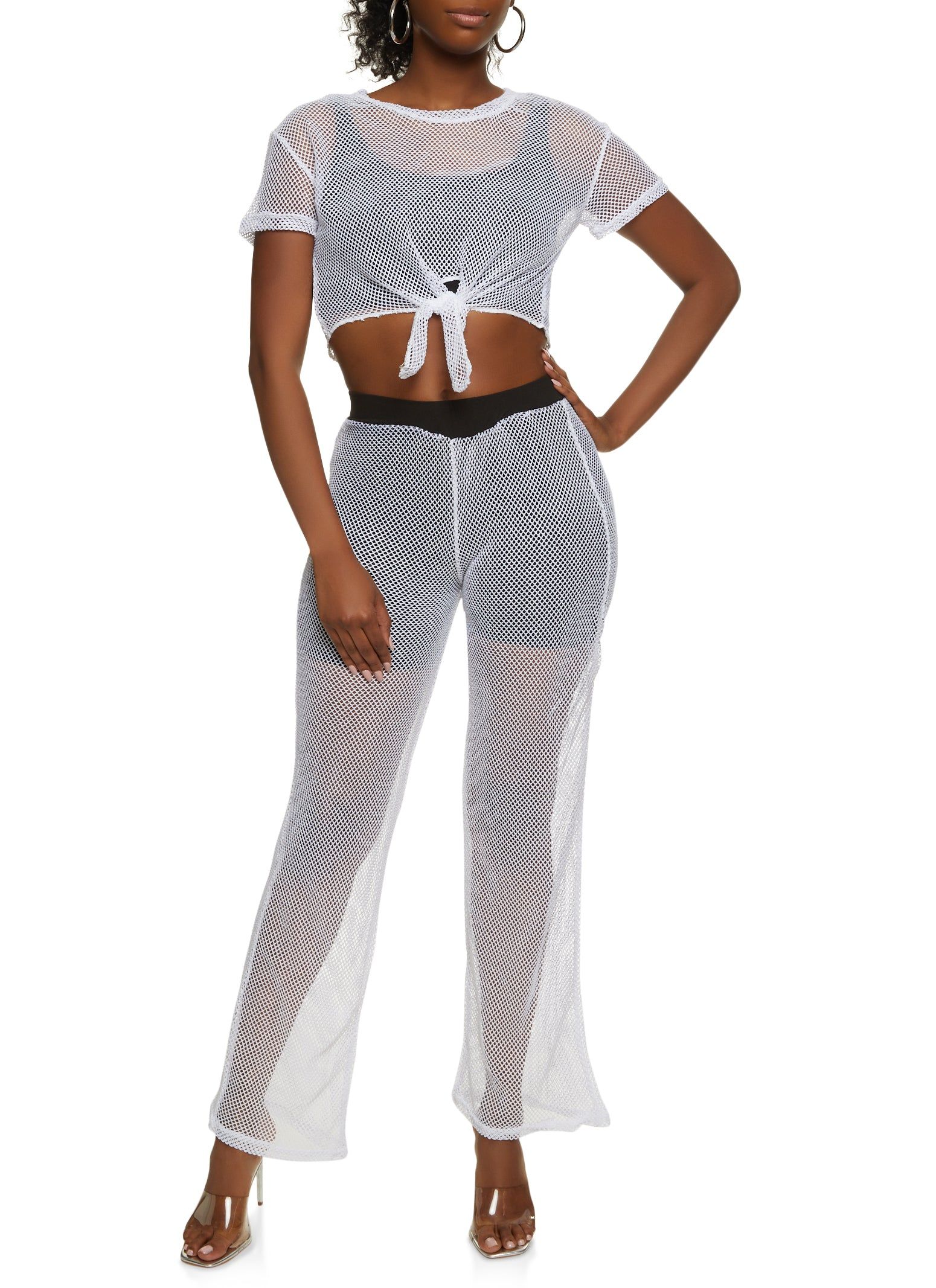 Fishnet Tie Front Crop Top and Pants Set sold by Rainbow