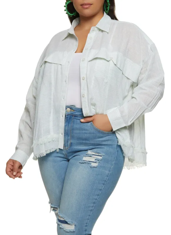 Plus Size Printed Frayed Hem Button Front Shirt sold by Rainbow