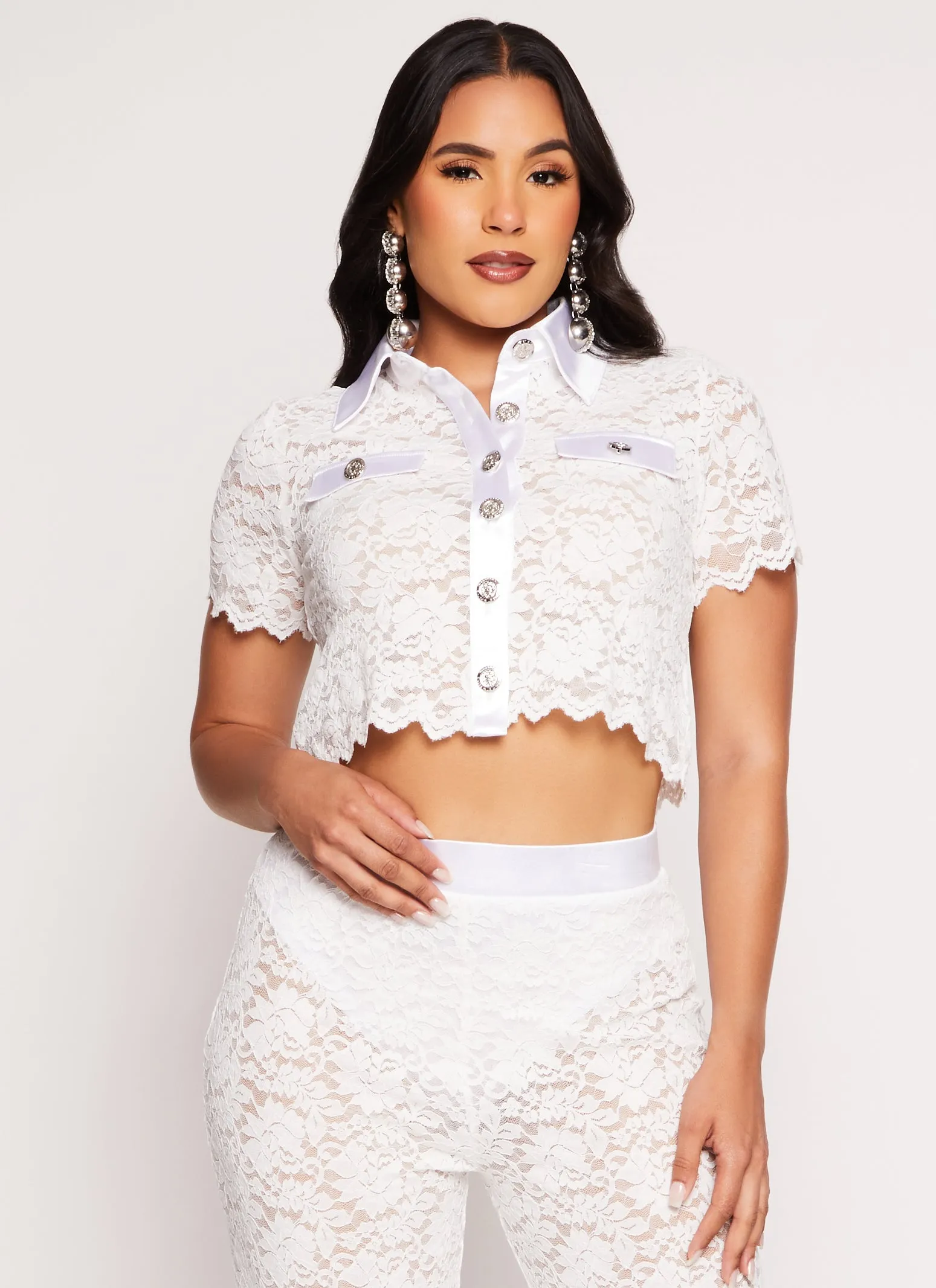 Floral Lace Button Front Crop Top sold by Rainbow