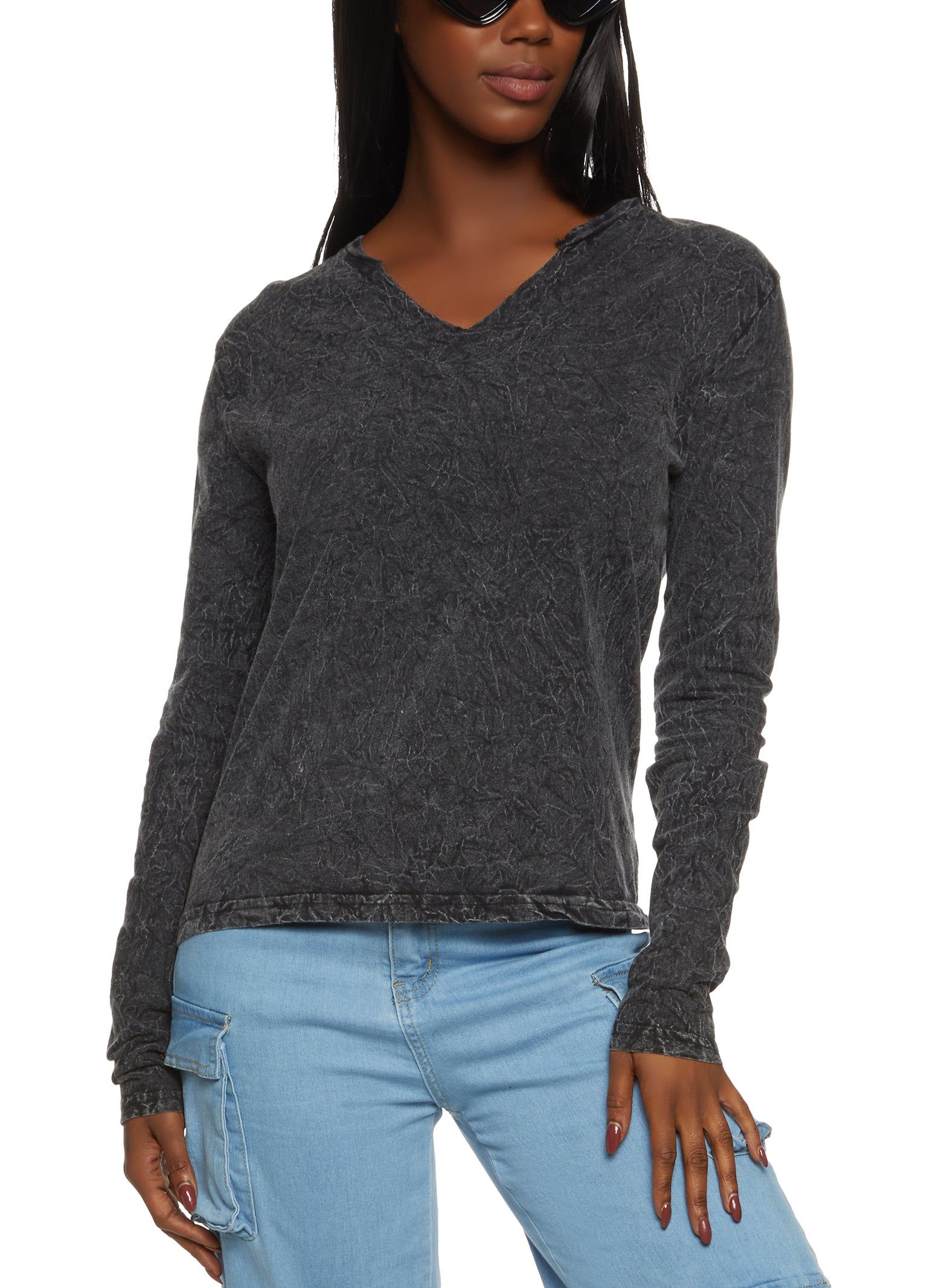 Acid Wash Notch Neck Long Sleeve Top sold by Rainbow
