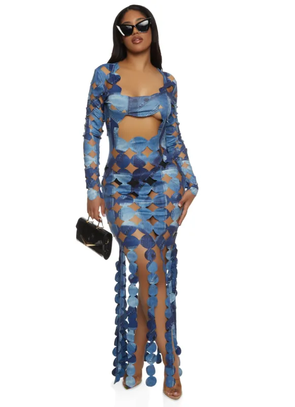 Denim Printed Cut Out Fringe Maxi Dress sold by Rainbow