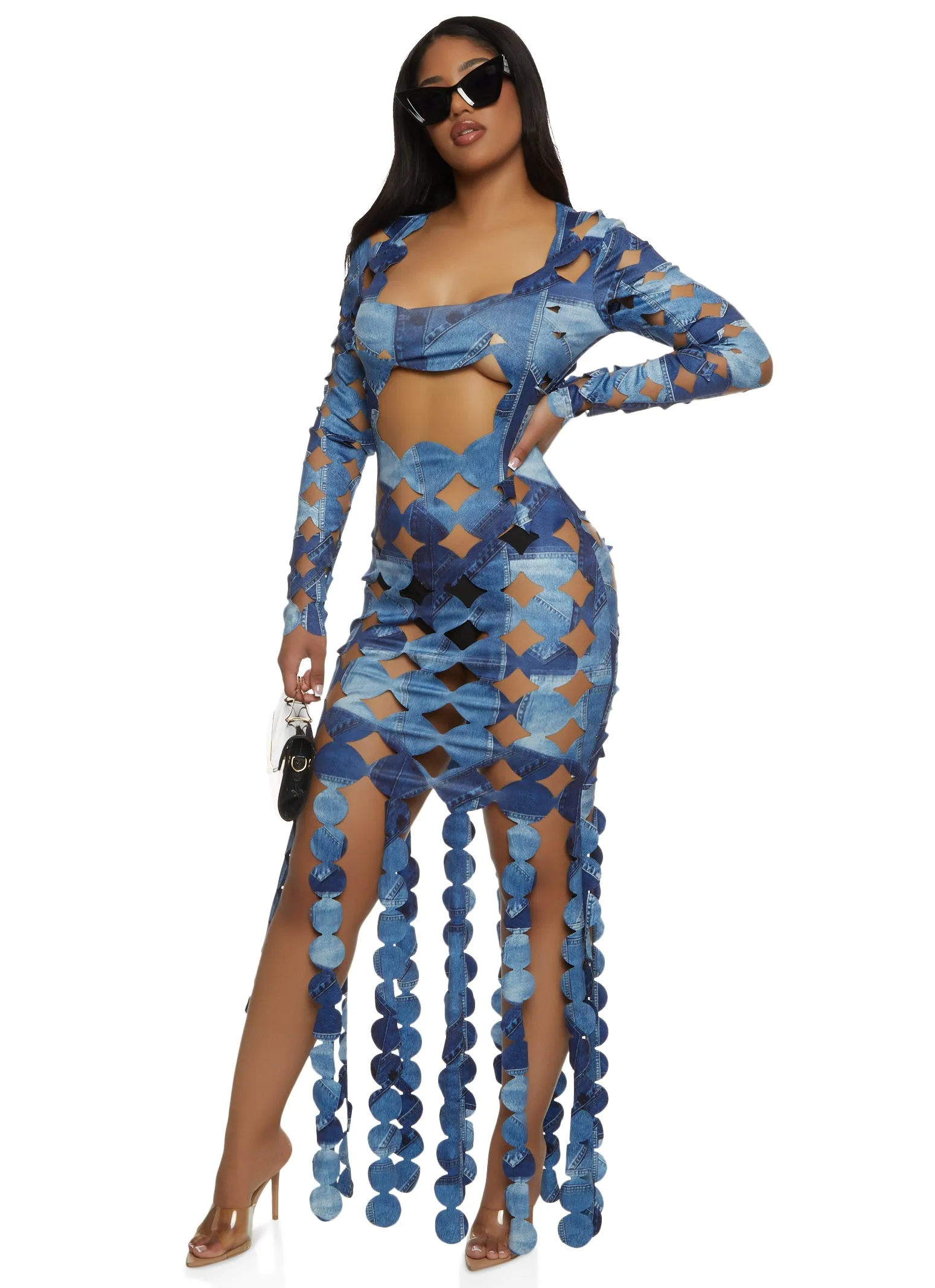 Denim Printed Cut Out Fringe Maxi Dress sold by Rainbow product image thumbnail 2