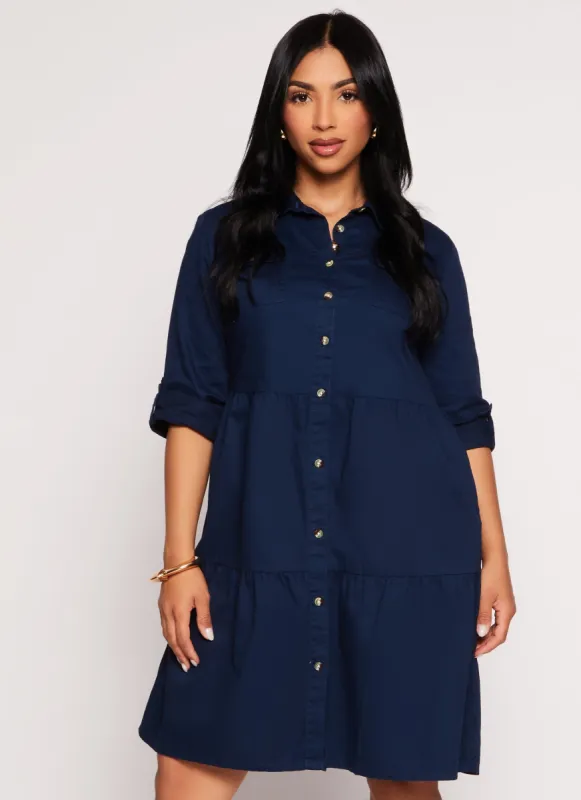 Twill Button Front Tiered Shirt Dress sold by Rainbow