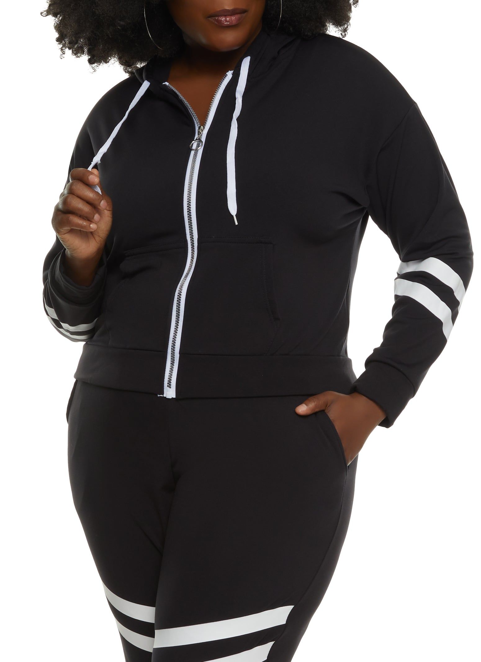 Plus Size Zip Front Varsity Stripe Detail Hoodie sold by Rainbow