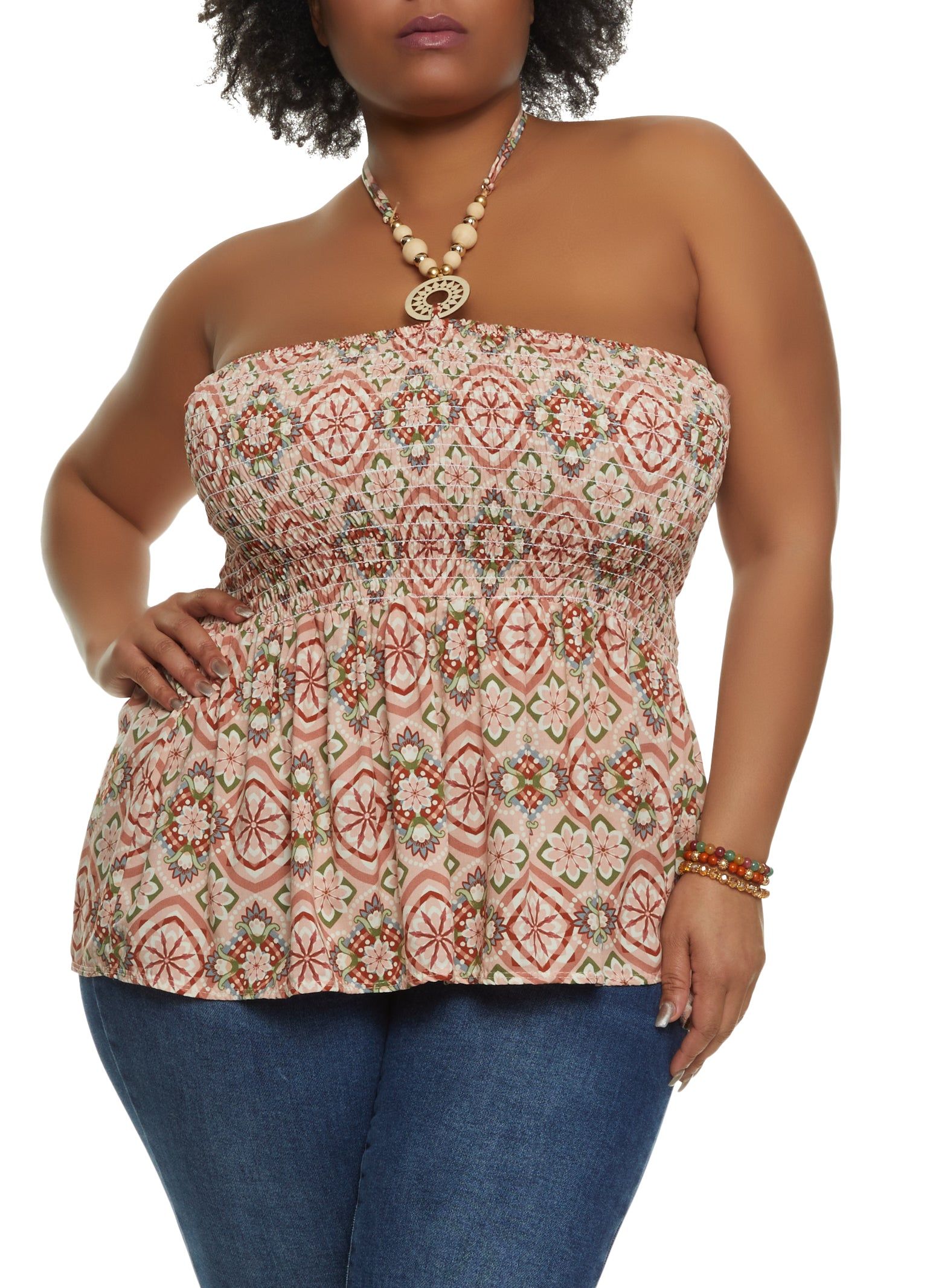 Plus Size Floral Print Beaded Halter Top sold by Rainbow