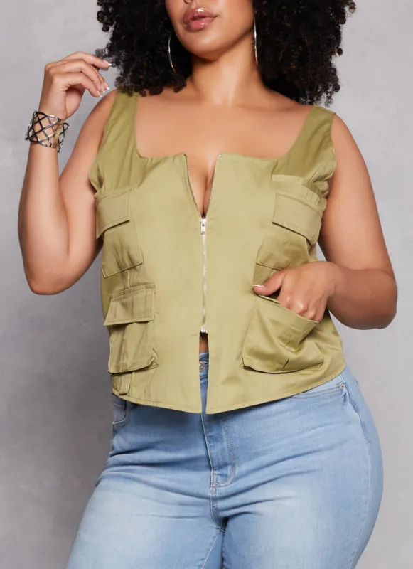 Plus Size Cargo Pocket Zip Front Cropped Tank Top sold by Rainbow