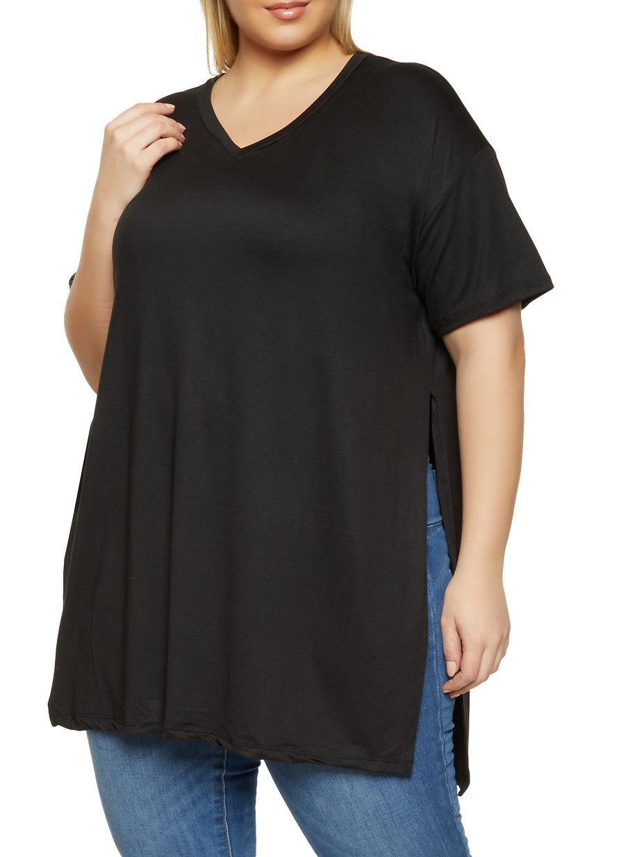 Plus Size Side Slit V Neck Tee sold by Rainbow