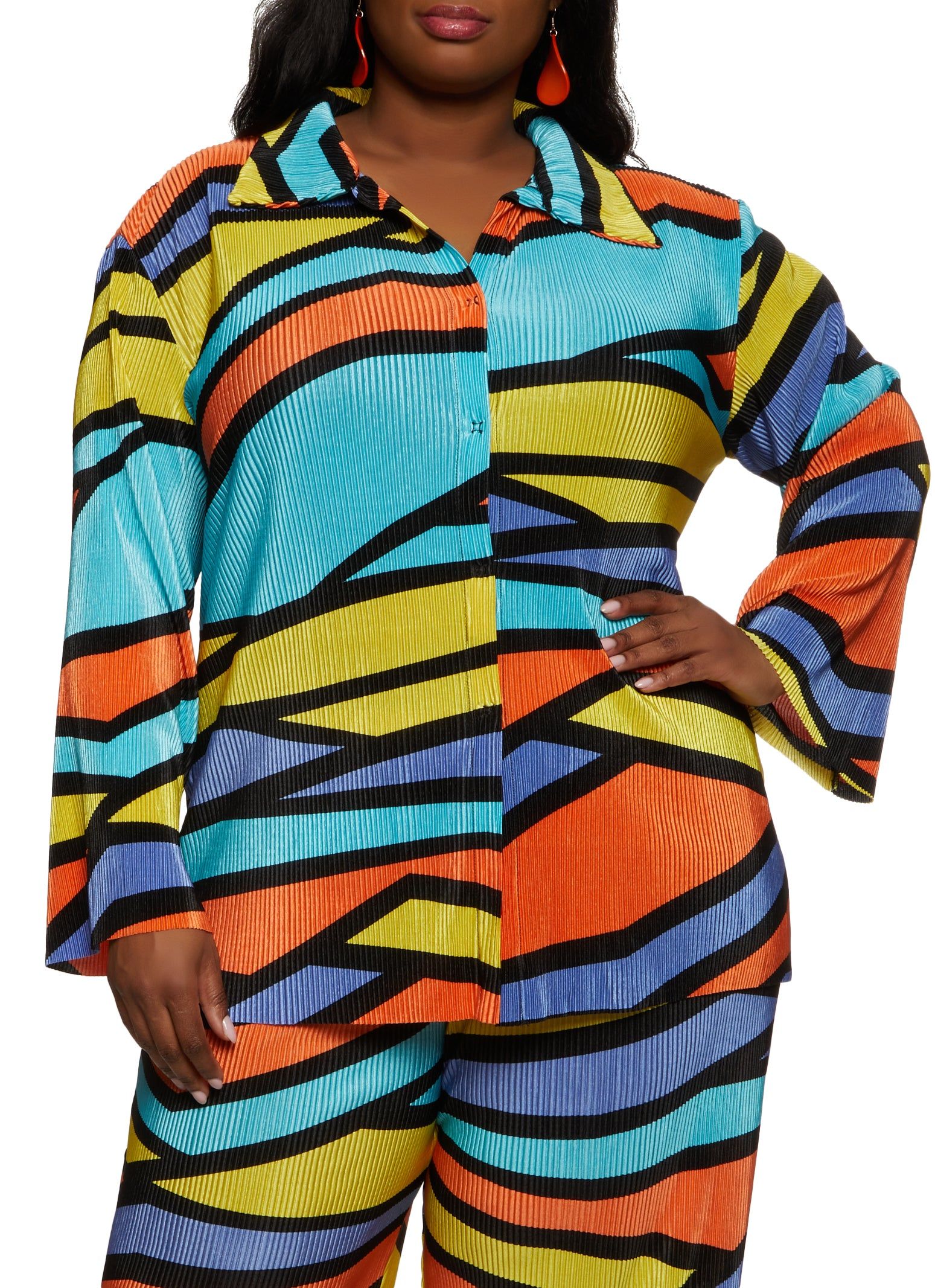 Plus Size Plisse Printed Button Front Shirt sold by Rainbow