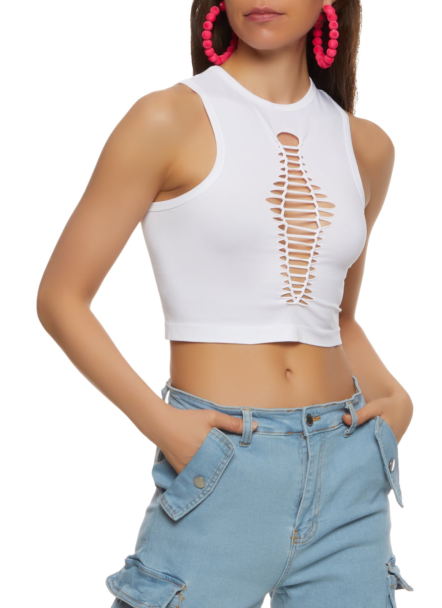 Laser Cut Front Cropped Tank Top sold by Rainbow