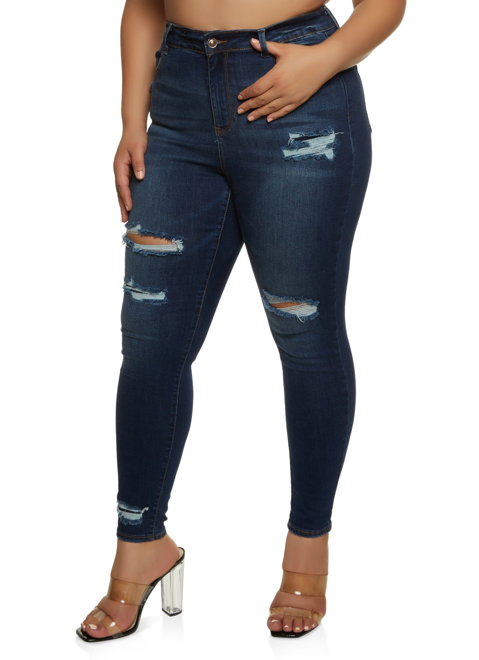 Plus Size WAX Distressed High Waist Skinny Jeans sold by Rainbow