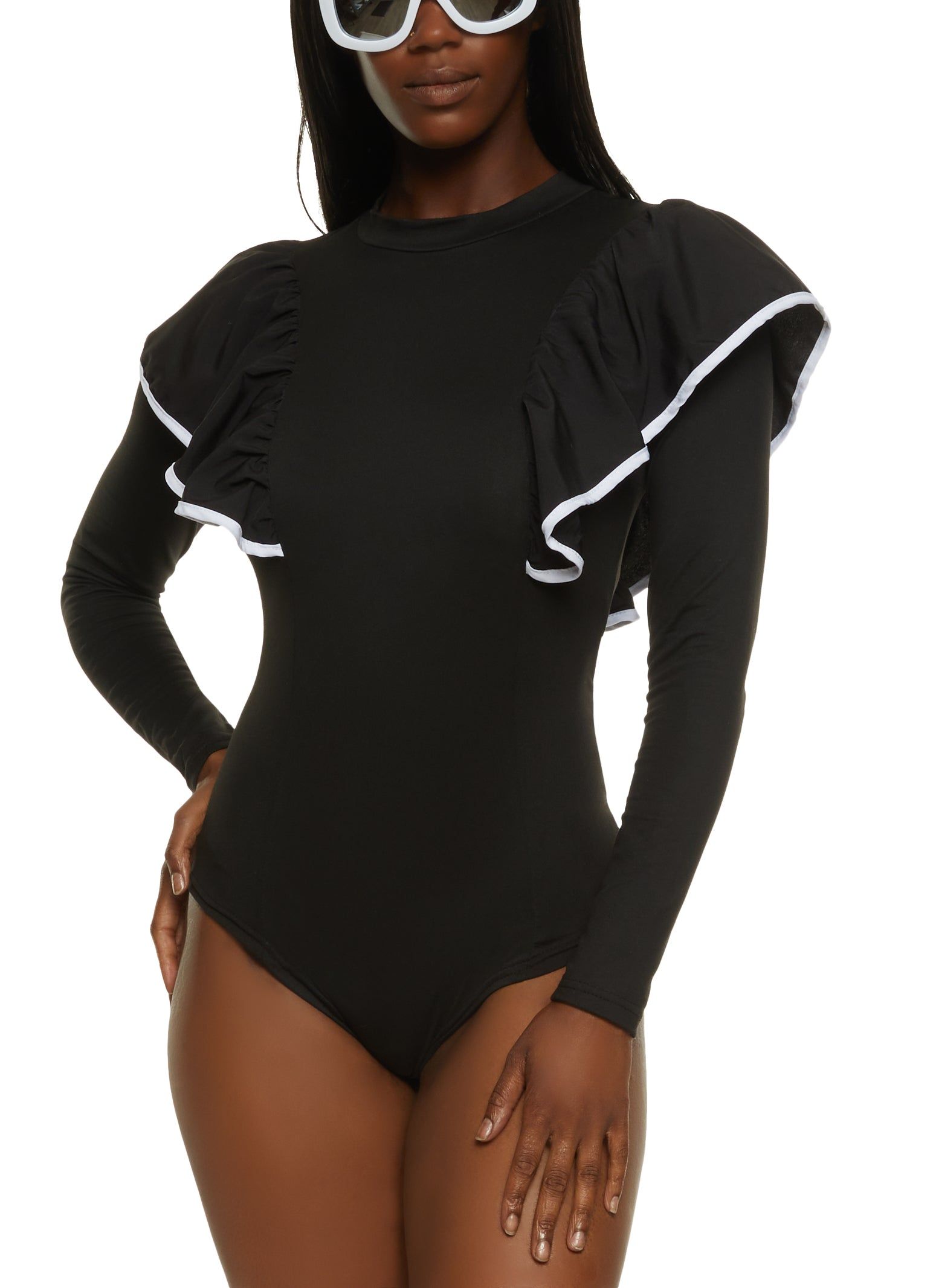 Contrast Trim Ruffle Shoulder Bodysuit sold by Rainbow