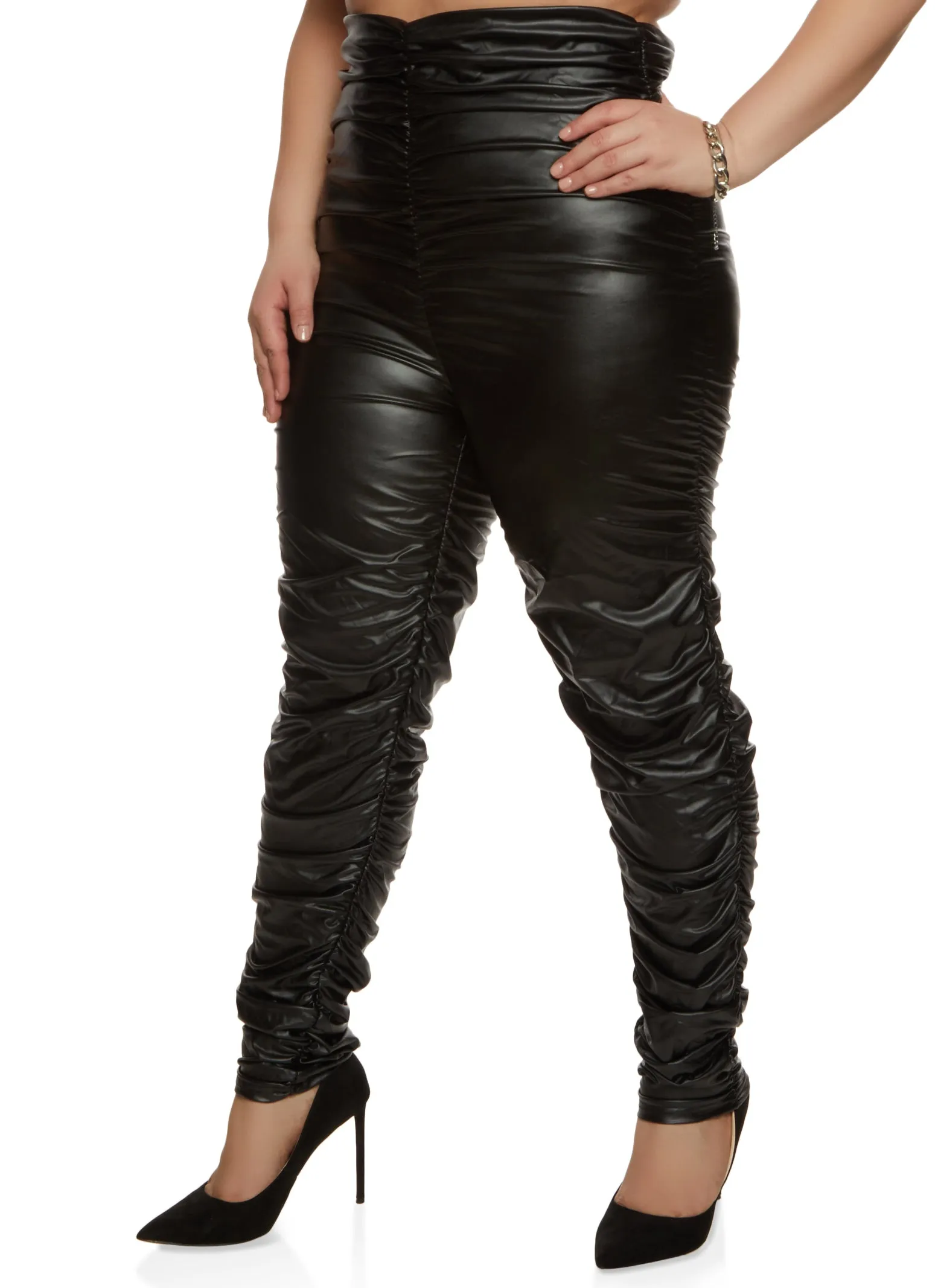 Plus Size Faux Leather Stacked High Waist Pants sold by Rainbow
