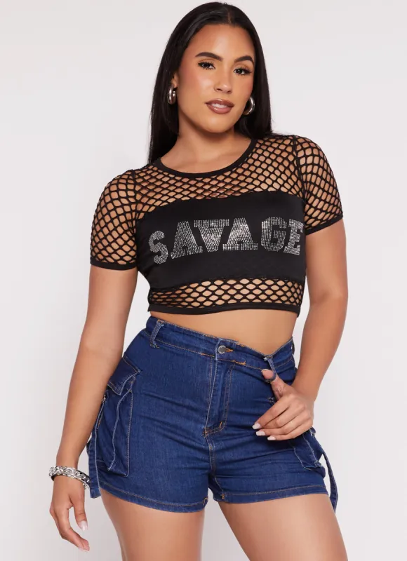 Savage Rhinestone Fishnet Crop Top sold by Rainbow