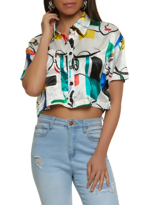 Satin Mixed Print Cropped Shirt sold by Rainbow