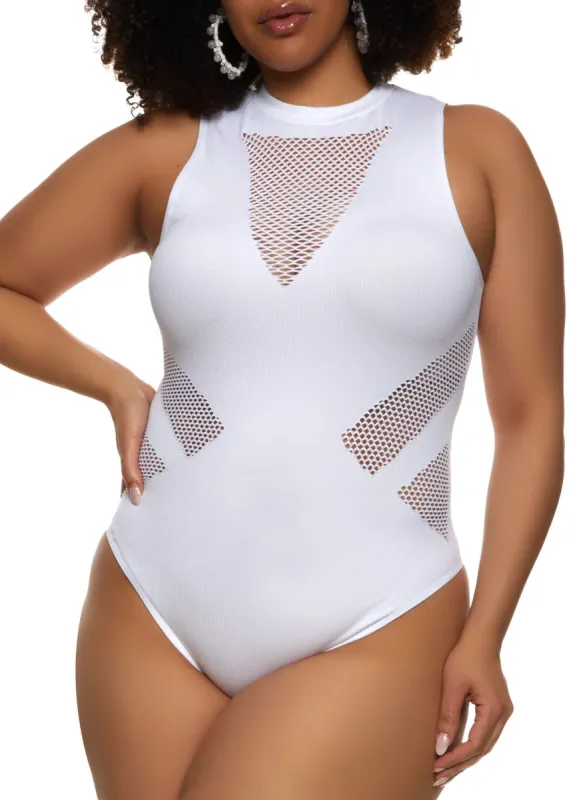 Plus Size Seamless Body Contour Fishnet Detail Bodysuit sold by Rainbow