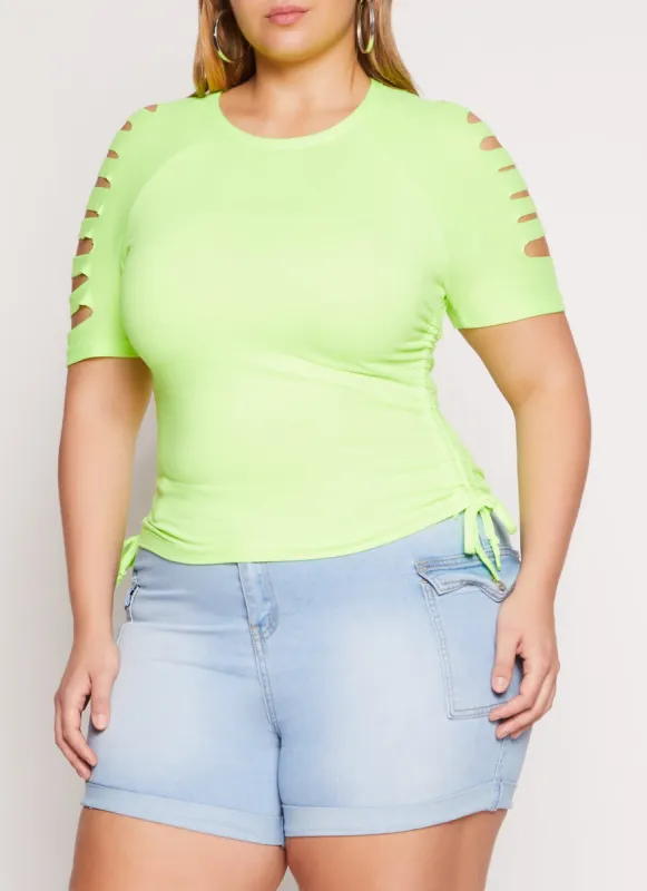 Plus Size Laser Cut Sleeve Ruched Sleeve T Shirt sold by Rainbow