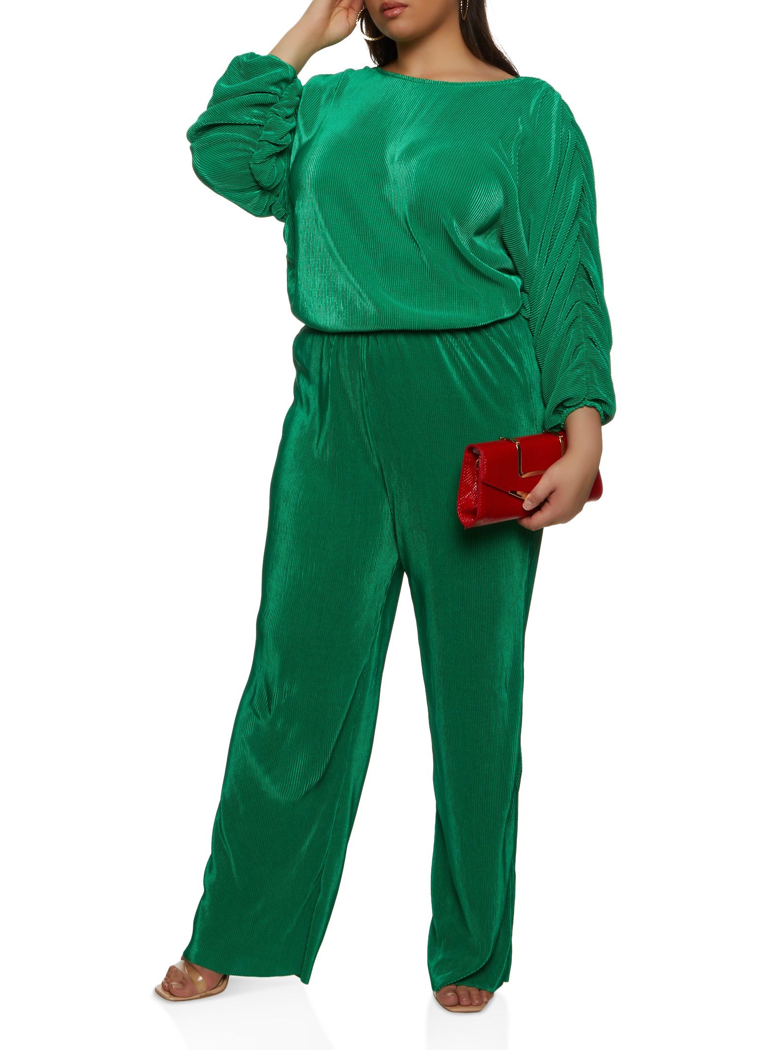 Plus Size Plisse Ruched Sleeve Blouse and Pants Set sold by Rainbow
